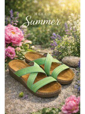 Naot Womens Green Strappy Sandals Size 39 With Leather Footbed & Wedge Heel